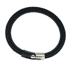 Stainless Steel Black Matte Sideways Clasp Black Leather Bracelet 8.2In