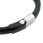 Stainless Steel Black Matte Sideways Clasp Black Leather Bracelet 8.2In