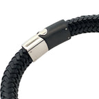 Stainless Steel Black Matte Sideways Clasp Black Leather Bracelet 8.2In