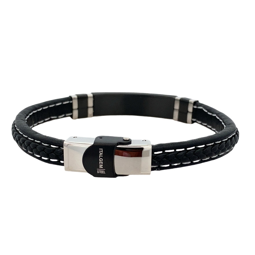 Stainless Steel Black Ip Black Braided Leather Bracelet 8In