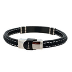 Stainless Steel Black Ip Black Braided Leather Bracelet 8In