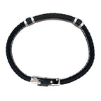 Stainless Steel Black Ip Black Braided Leather Bracelet 8In