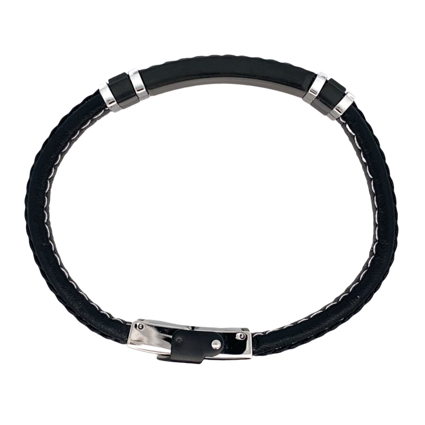 Stainless Steel Black Ip Black Braided Leather Bracelet 8In