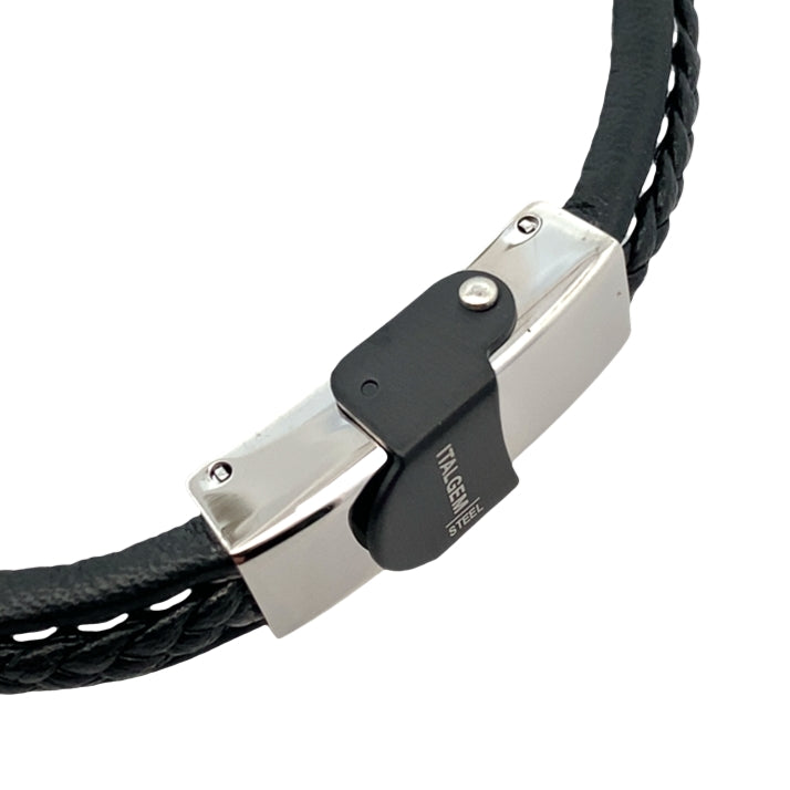 Stainless Steel Black Ip Black Braided Leather Bracelet 8In