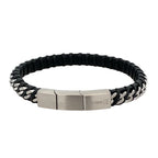 Stainless Steel Curb Link Black Leather Twisted Design Bracelet 8.5In