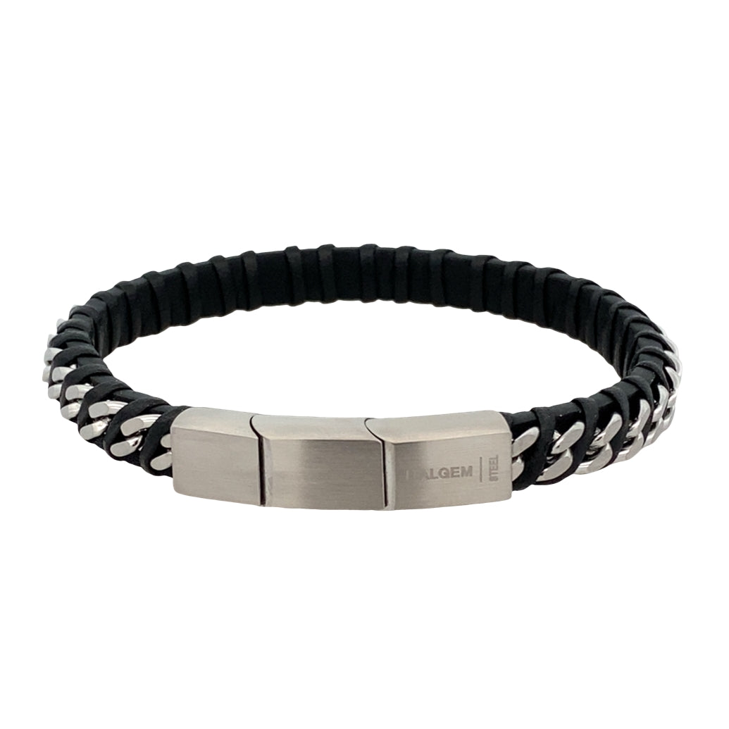 Stainless Steel Curb Link Black Leather Twisted Design Bracelet 8.5In
