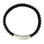 Stainless Steel Curb Link Black Leather Twisted Design Bracelet 8.5In