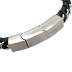 Stainless Steel Curb Link Black Leather Twisted Design Bracelet 8.5In