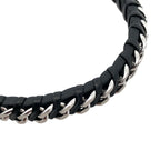 Stainless Steel Curb Link Black Leather Twisted Design Bracelet 8.5In