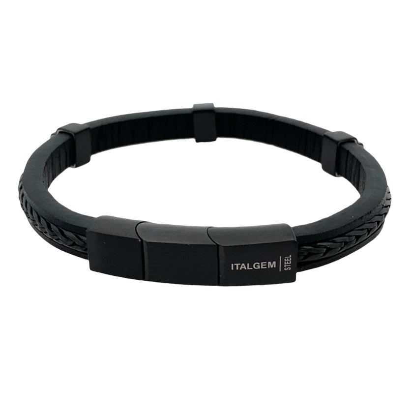 Black Ip Stainless  Steel Franco Link Center Black Leather Bracelet 7.5+0.5 In