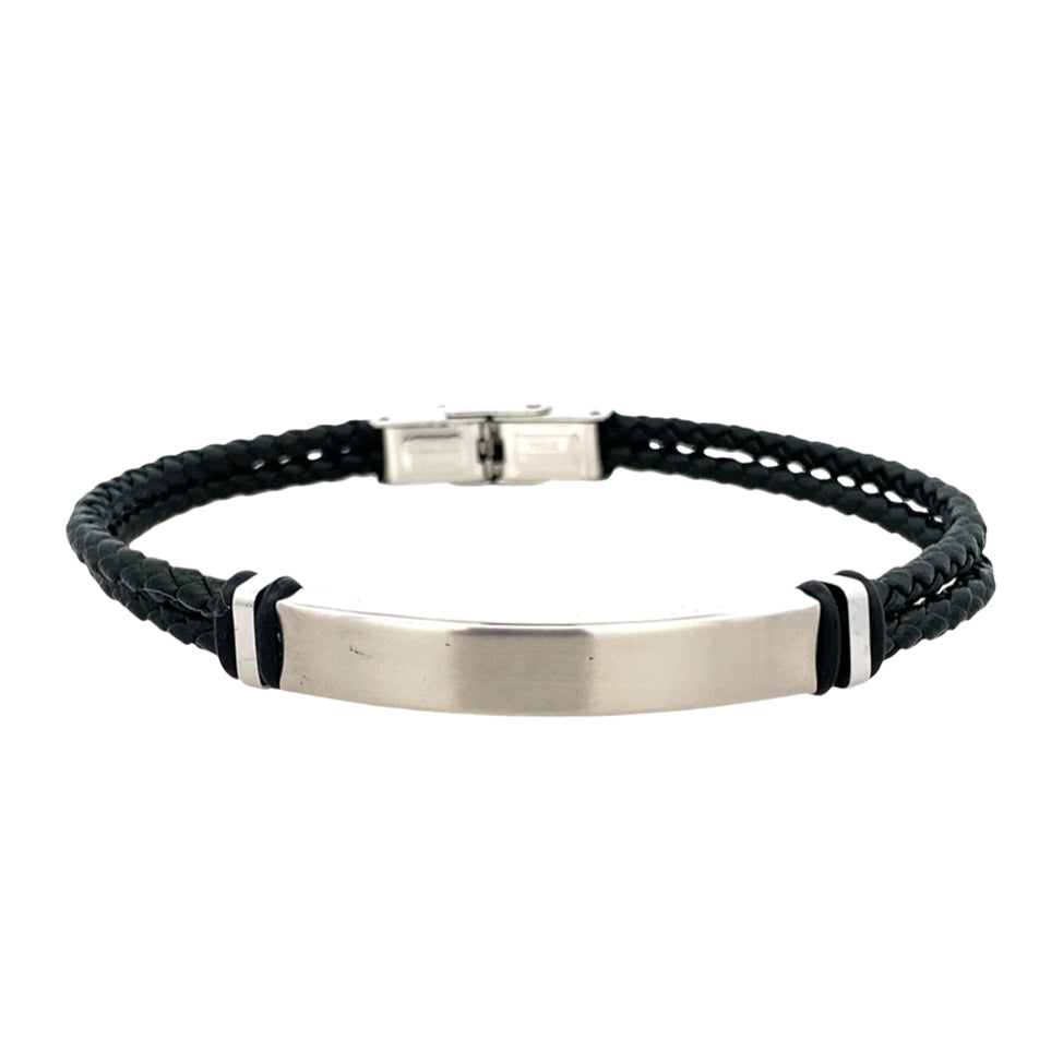 Stainless Steel Id Plate 3- Way Clap Black Leather Adj Bracelet 8-8.5In