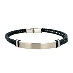 Stainless Steel Id Plate 3- Way Clap Black Leather Adj Bracelet 8-8.5In