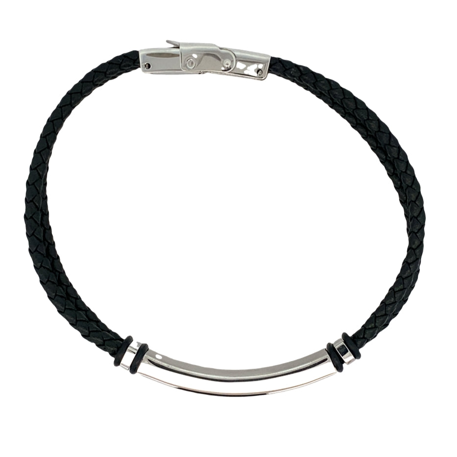 Stainless Steel Id Plate 3- Way Clap Black Leather Adj Bracelet 8-8.5In