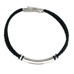 Stainless Steel Id Plate 3- Way Clap Black Leather Adj Bracelet 8-8.5In