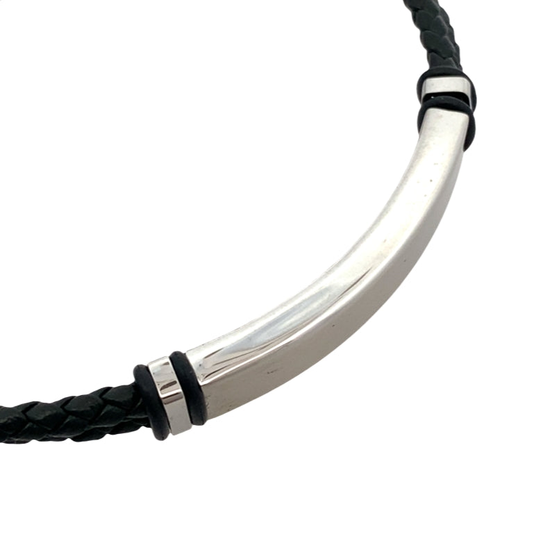Stainless Steel Id Plate 3- Way Clap Black Leather Adj Bracelet 8-8.5In