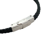 Stainless Steel Id Plate 3- Way Clap Black Leather Adj Bracelet 8-8.5In