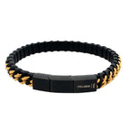 Black Ip Stainless Steel Gold Ip Curb Link Black Leather Twisted Design Bracelet 8.5Dwt