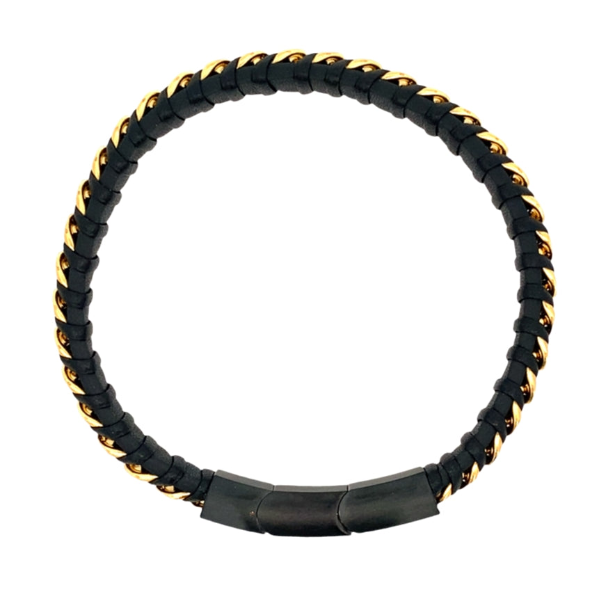 Black Ip Stainless Steel Gold Ip Curb Link Black Leather Twisted Design Bracelet 8.5Dwt