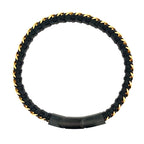 Black Ip Stainless Steel Gold Ip Curb Link Black Leather Twisted Design Bracelet 8.5Dwt