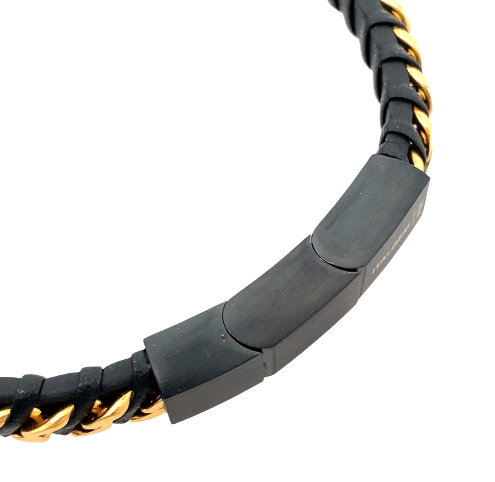 Black Ip Stainless Steel Gold Ip Curb Link Black Leather Twisted Design Bracelet 8.5Dwt