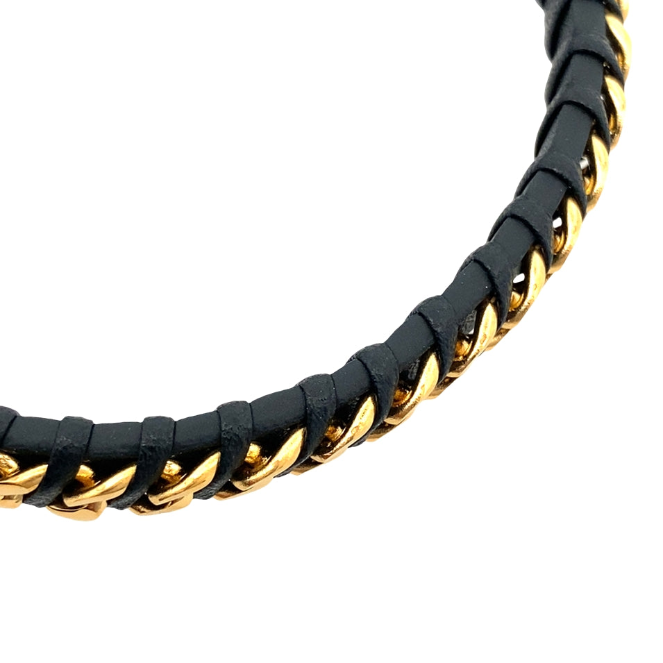 Black Ip Stainless Steel Gold Ip Curb Link Black Leather Twisted Design Bracelet 8.5Dwt