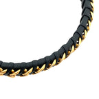 Black Ip Stainless Steel Gold Ip Curb Link Black Leather Twisted Design Bracelet 8.5Dwt