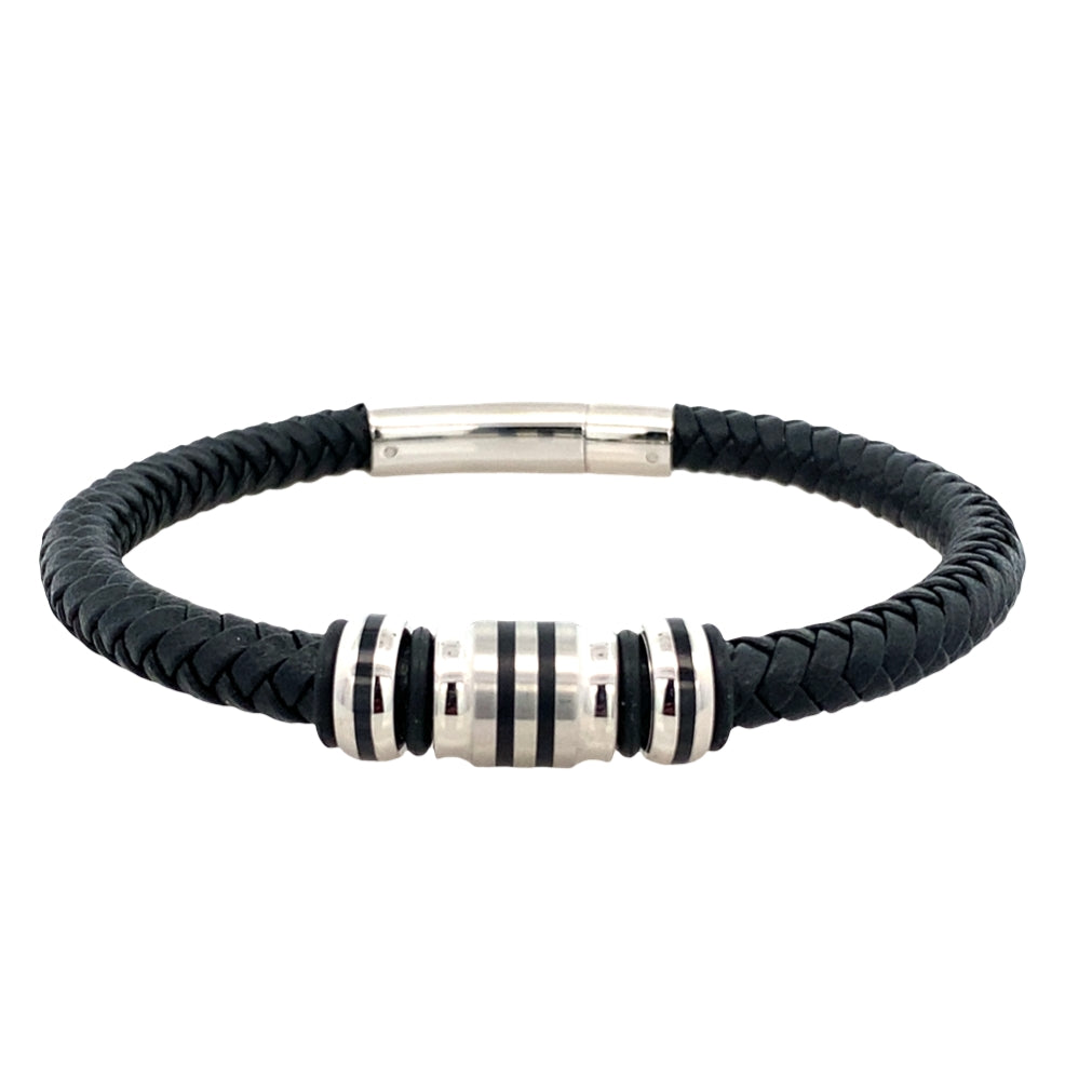 Stainless Steel Black Ip Beads Black Leather Bracelet 8.25In
