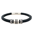 Stainless Steel Black Ip Beads Black Leather Bracelet 8.25In