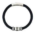 Stainless Steel Black Ip Beads Black Leather Bracelet 8.25In