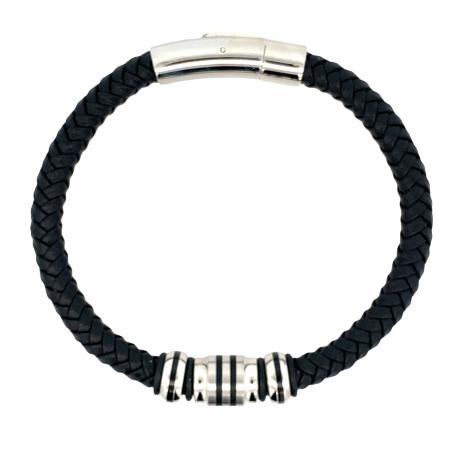 Stainless Steel Black Ip Beads Black Leather Bracelet 8.25In