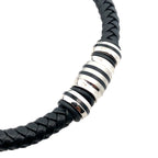 Stainless Steel Black Ip Beads Black Leather Bracelet 8.25In