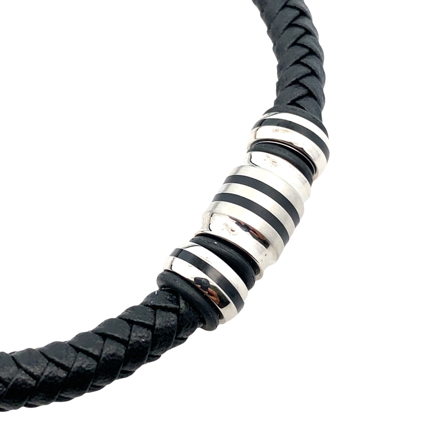 Stainless Steel Black Ip Beads Black Leather Bracelet 8.25In