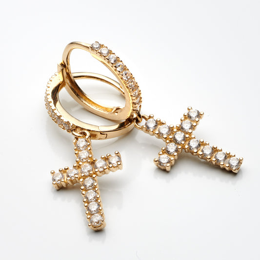 14K Yellow Gold Cz Cross Dangle Hoop Earrings 1.1Dwt