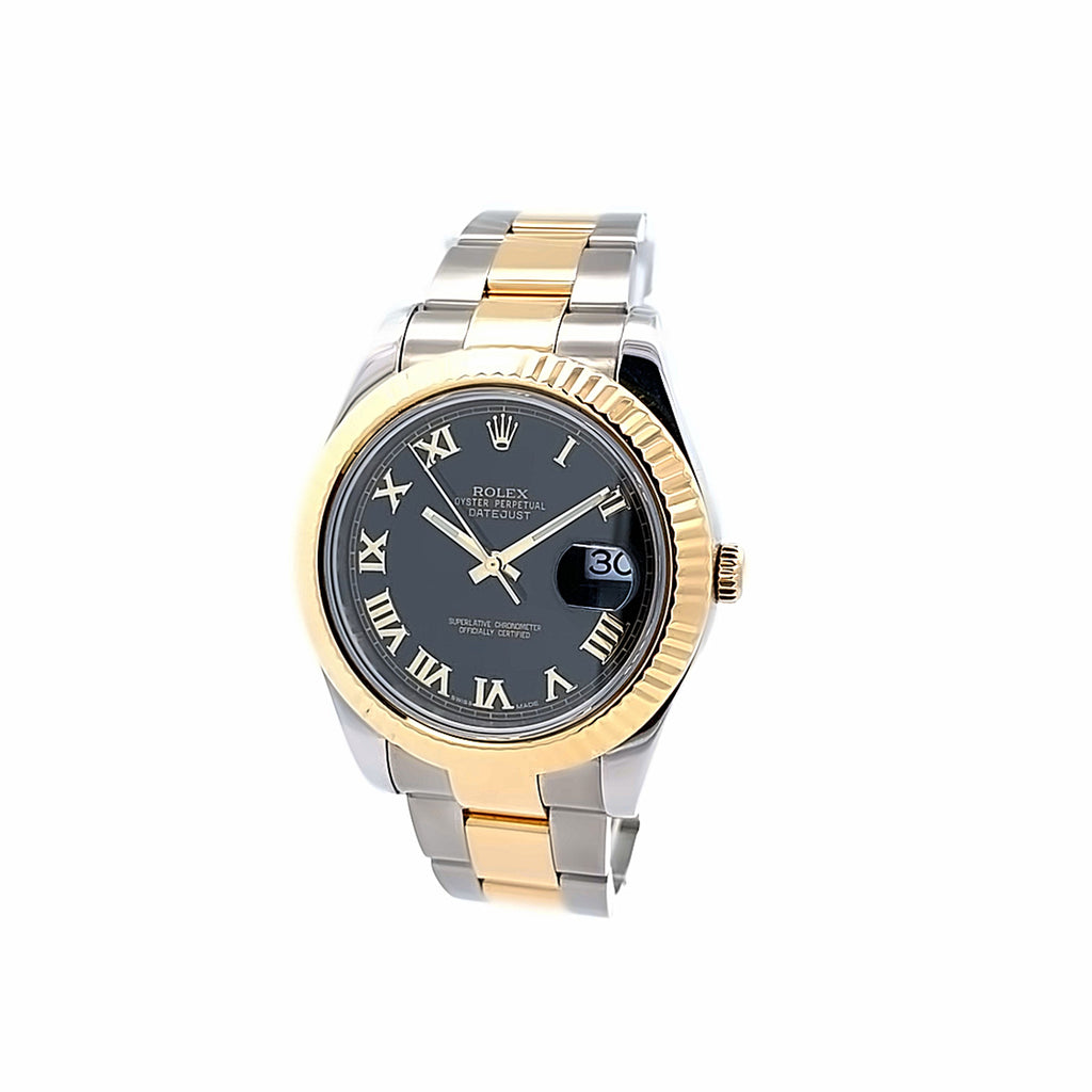Pre-Owned Rolex Datejust 41Mm Model: 116333 18K Fluted Bezel Black Dial Roman Numeral Markers Oyster Links