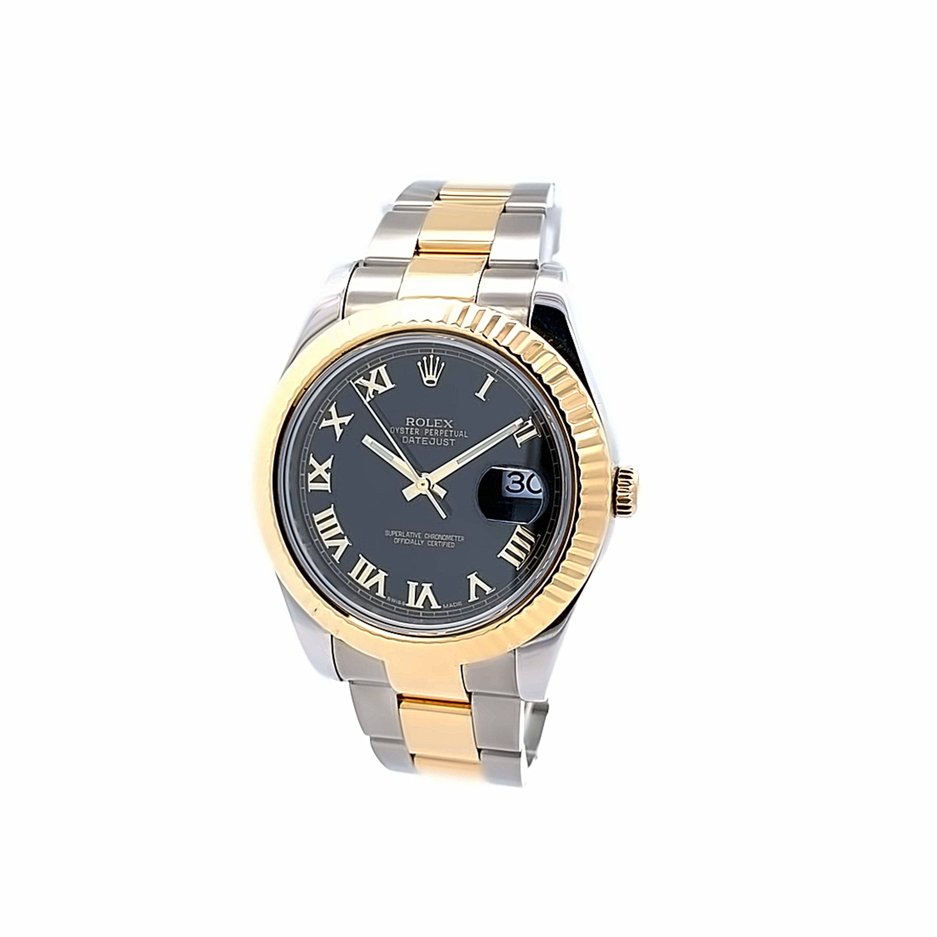 Pre-Owned Rolex Datejust 41Mm Model: 116333 18K Fluted Bezel Black Dial Roman Numeral Markers Oyster Links