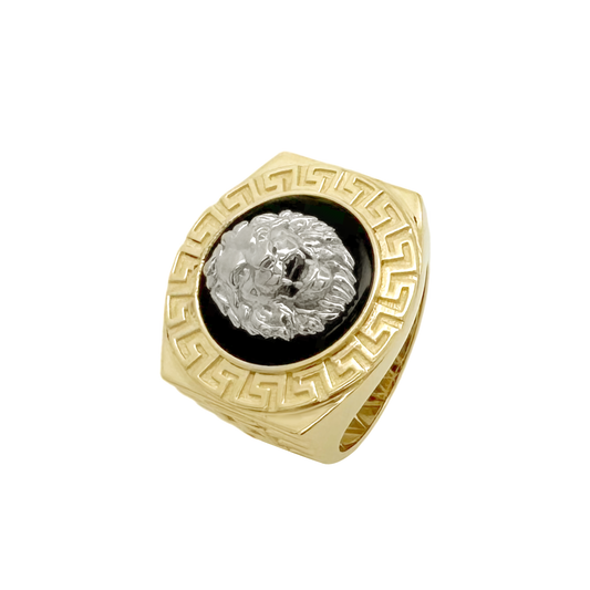 14K Yellow Gold Greek Key Onyx & Lion Face Fashion Mens Ring Size 9 6.7Dwt
