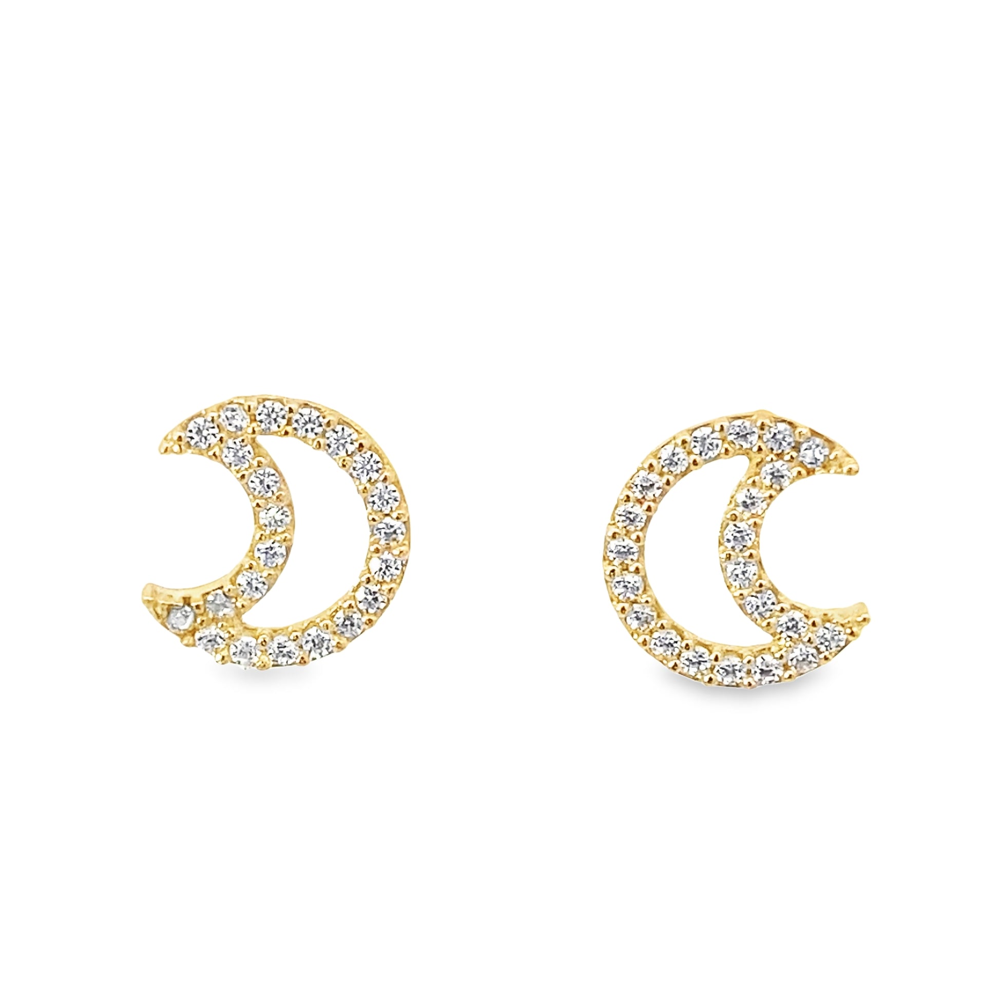 14K Yellow Gold Cz Moon Stud Earrings