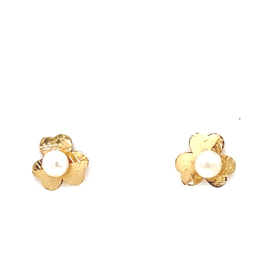 14K Yellow Gold Baby 3 Leaf Clover Pearl Stud Earrings