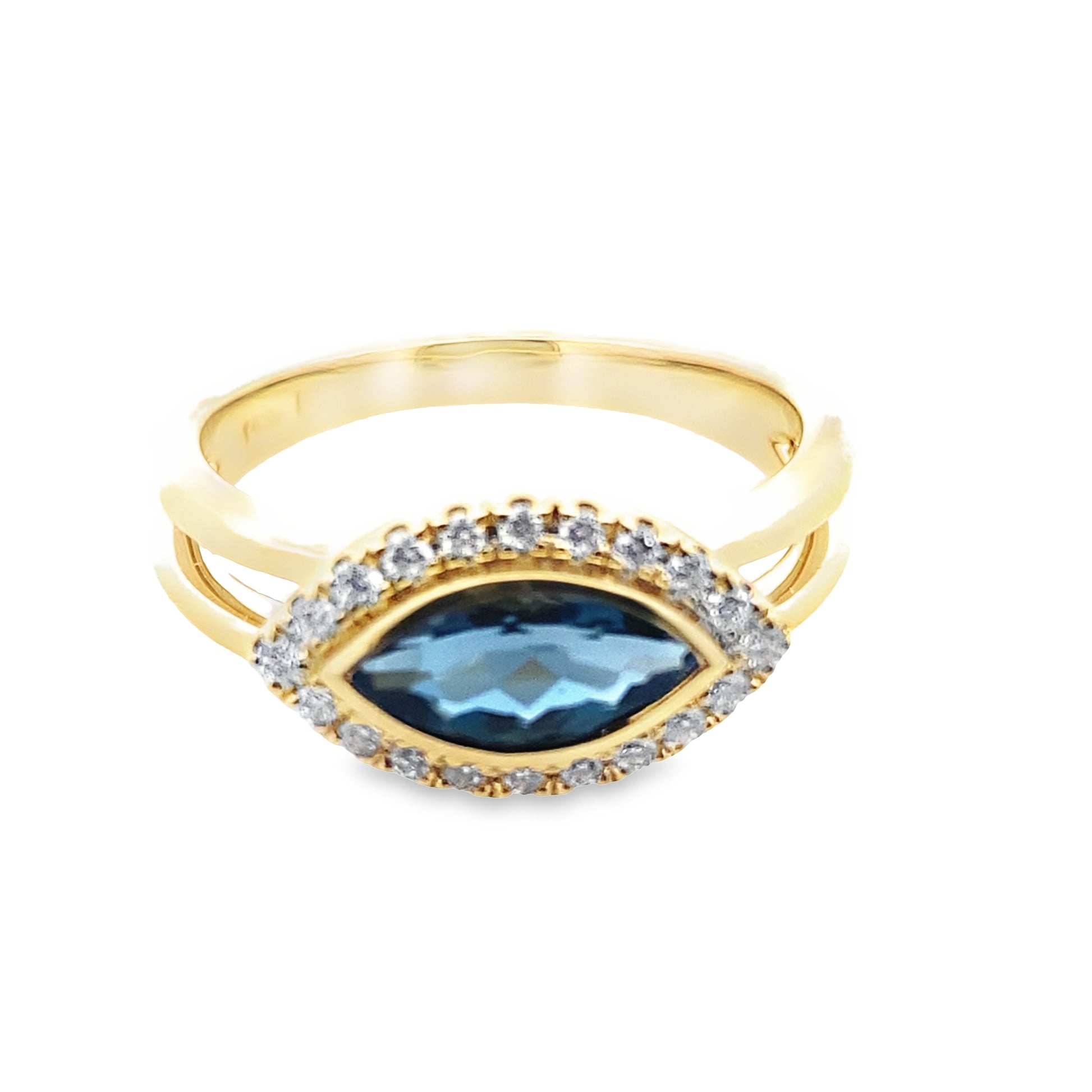 0.93 Lbmq/0.14 Ctw Dird 14K Yellow Gold  London Blue Topaz & Dia Ring Size 7 2.9Dwt