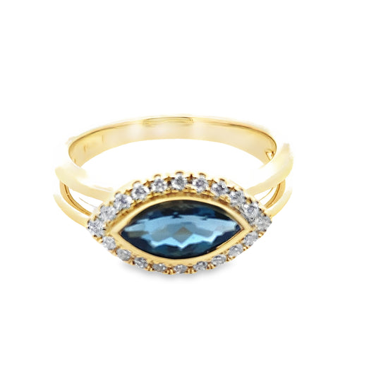 0.93 Lbmq/0.14 Ctw Dird 14K Yellow Gold  London Blue Topaz & Dia Ring Size 7 2.9Dwt