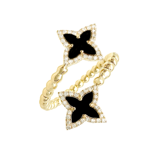 0.20Ctw Diamond 1.05Ctw Onyx 14K Yellow Gold Flower Bypass Ring Size 7 1.8Dwt