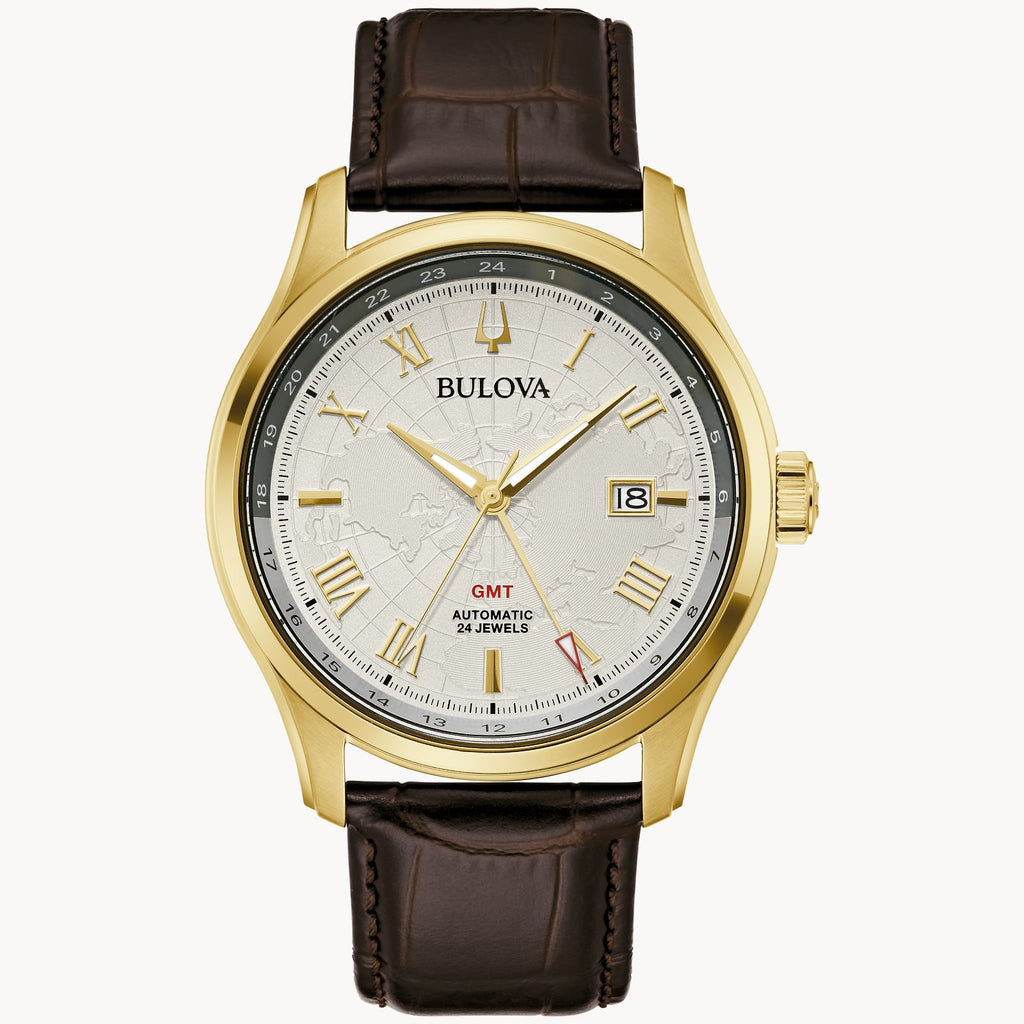 Bulova Mens Wilton Gmt Watch (97B210) Brown Leather Straps Gold Tone World Map Dial