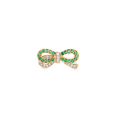 0.19Ctw Dird/0.22Ctw Emrd 14K Yellow Gold Emerald & Dia Ribbon Ring Size 7 2.5Dwt