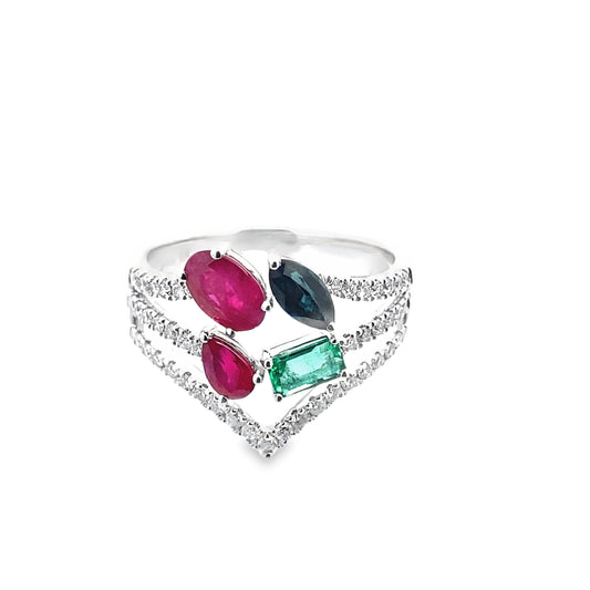 0.25 Emgt 0.35Ctw Dird 14K White Gold Ruby Sapphire & Dia Ring Size 7 2.6Dwt