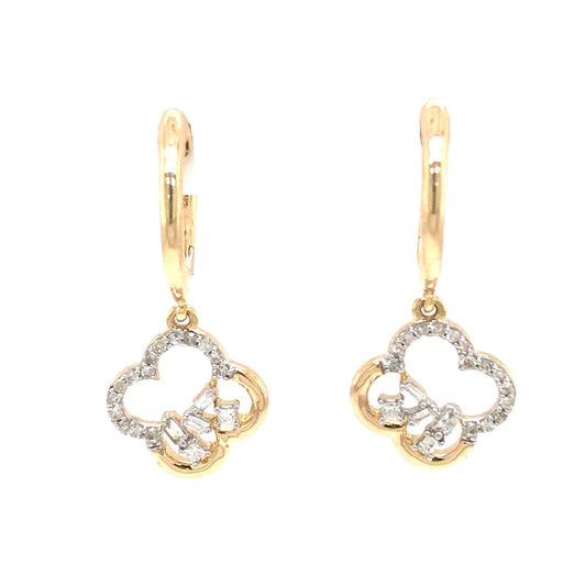(Uj2)0.20Ctw 14K Yellow Gold Diamond Dangle Flower Earrings