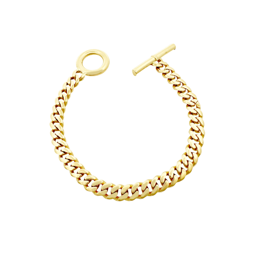 14K Yellow Gold T-Bar Clasp Cuban Link Bracelet 6.5Mm 7.5Mm 7.1Dwt
