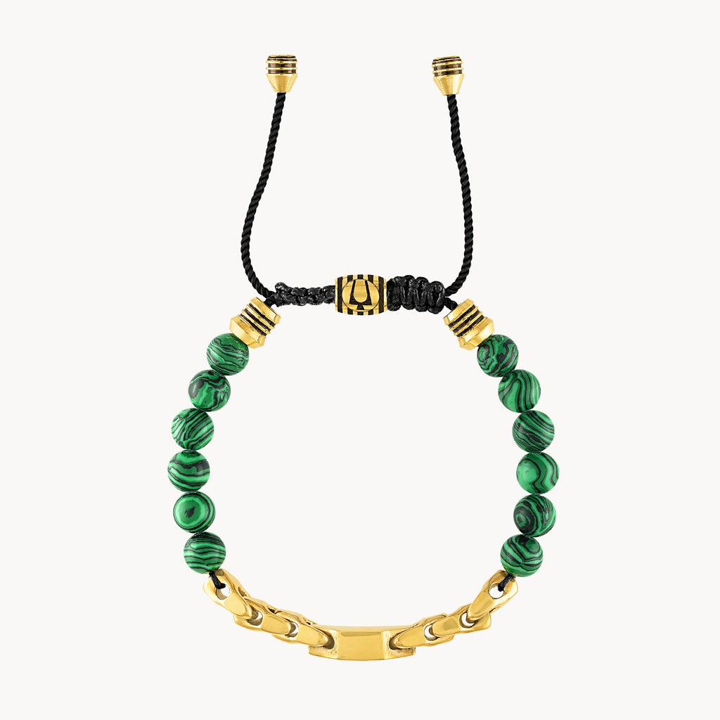 Bulova Classic Bolo Bracelet Stainless Steel Gold Tone With Black Cord  Black Spinel & Malachite
