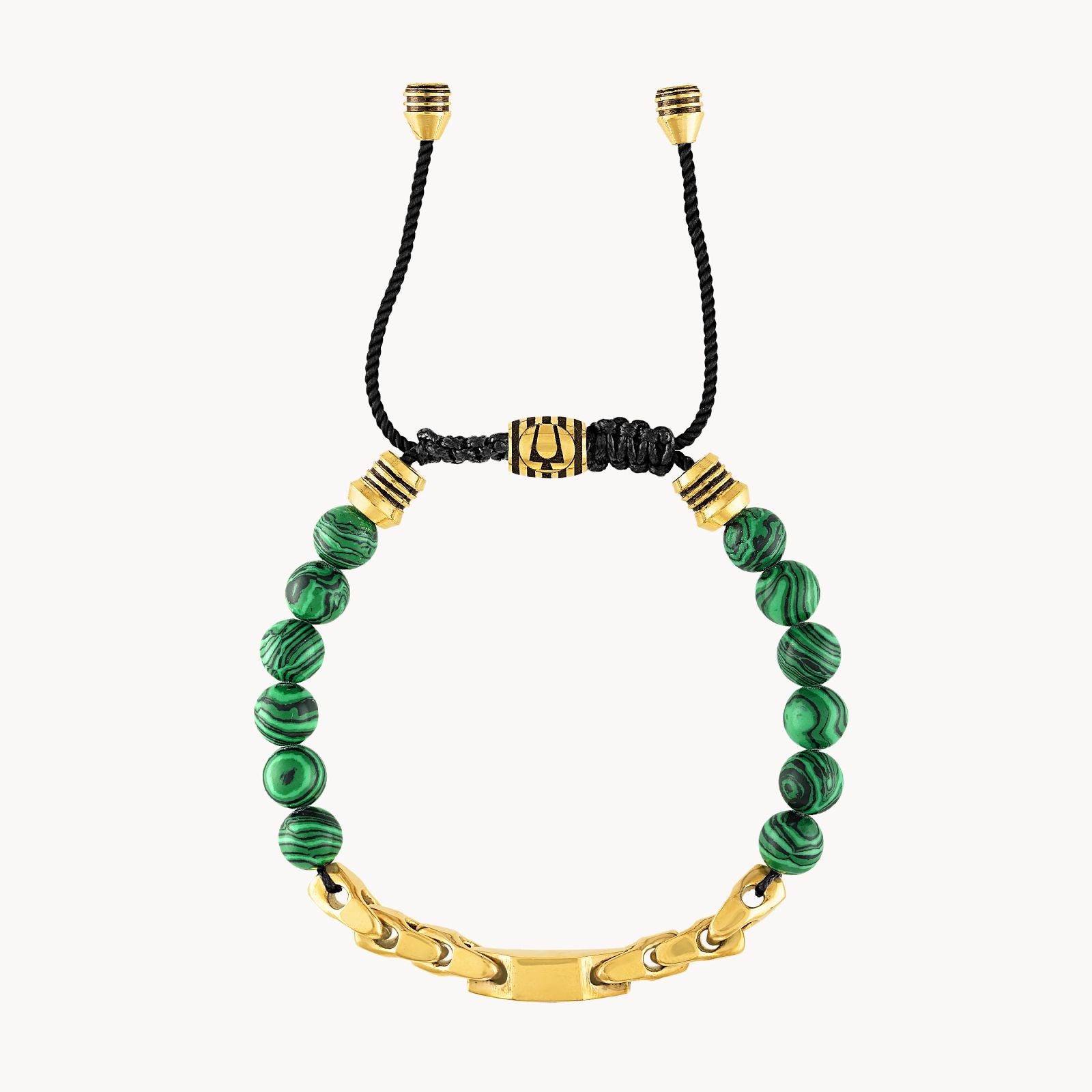 Bulova Classic Bolo Bracelet Stainless Steel Gold Tone With Black Cord  Black Spinel & Malachite