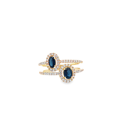 0.73Ctw Saov/ 0.38Ctw Dird 14K Yellow Gold Dia & Sapphire Ring Size 7 2.1Dwt