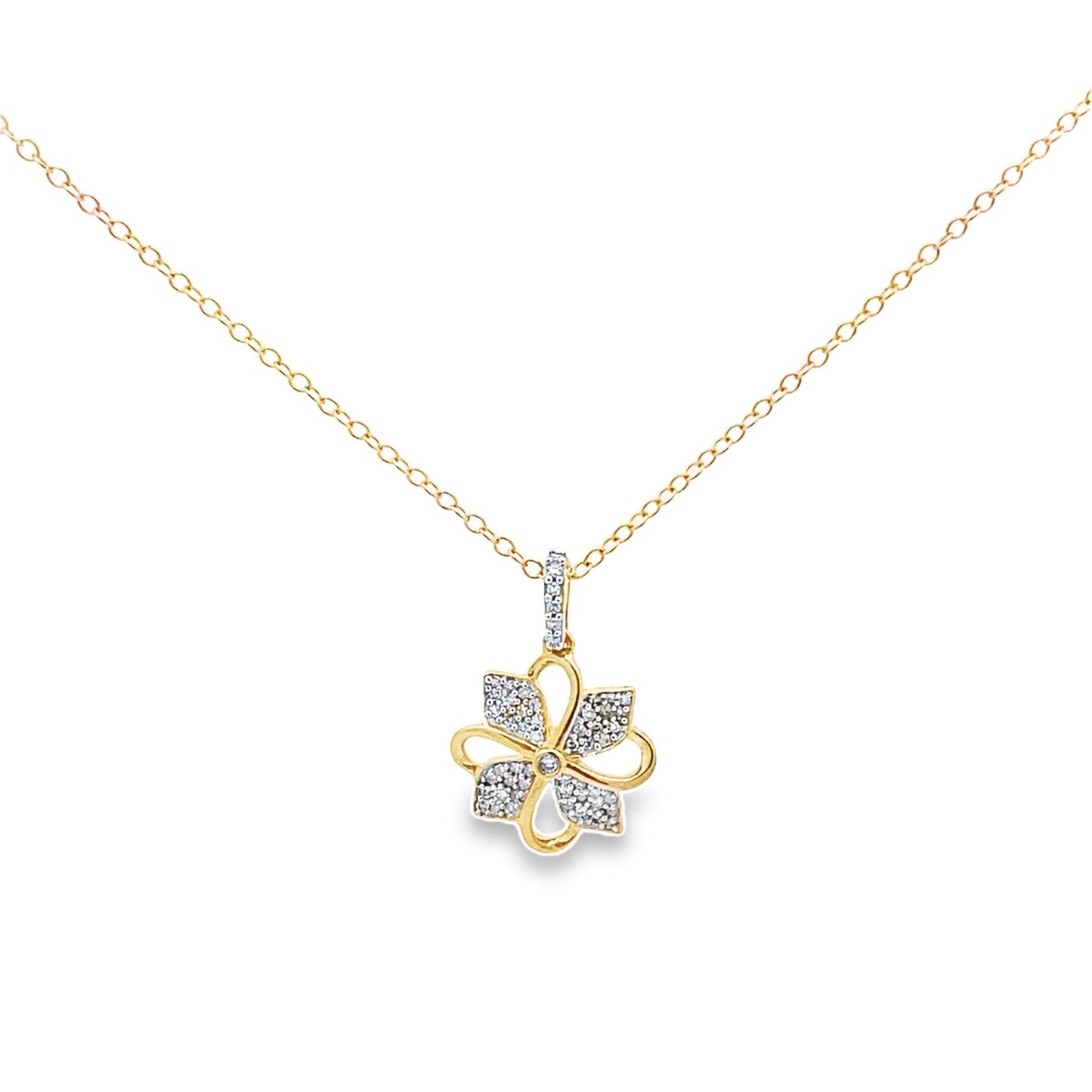 0.16Ctw 14K Yellow Gold Diamond Flower Necklace 19In 1.3Dwt